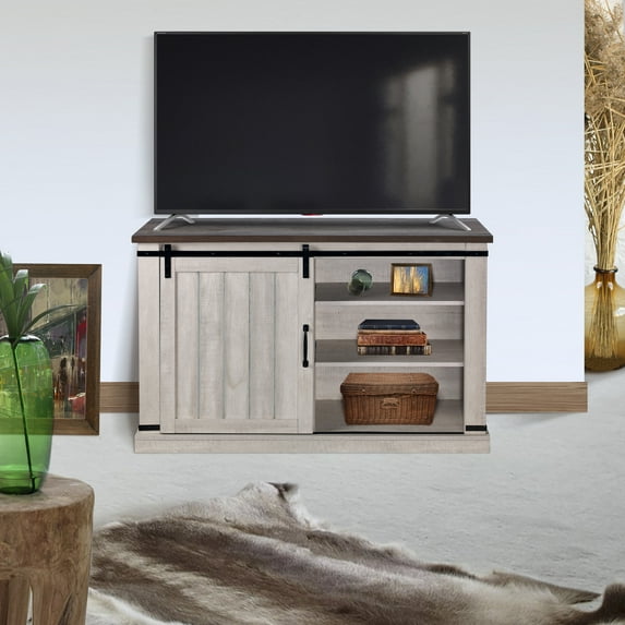 Farmhouse TV Stand for TVs up to 55", Console Table, Wire Management and Storage Shelves, White