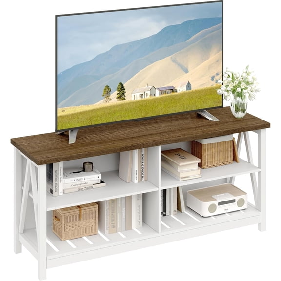 Farmhouse TV Stand for TVs up to 60 Inch, Modern Entertainment Center with 4 Open Shelves & Built-in Holes, Media TV Console for Room, , White
