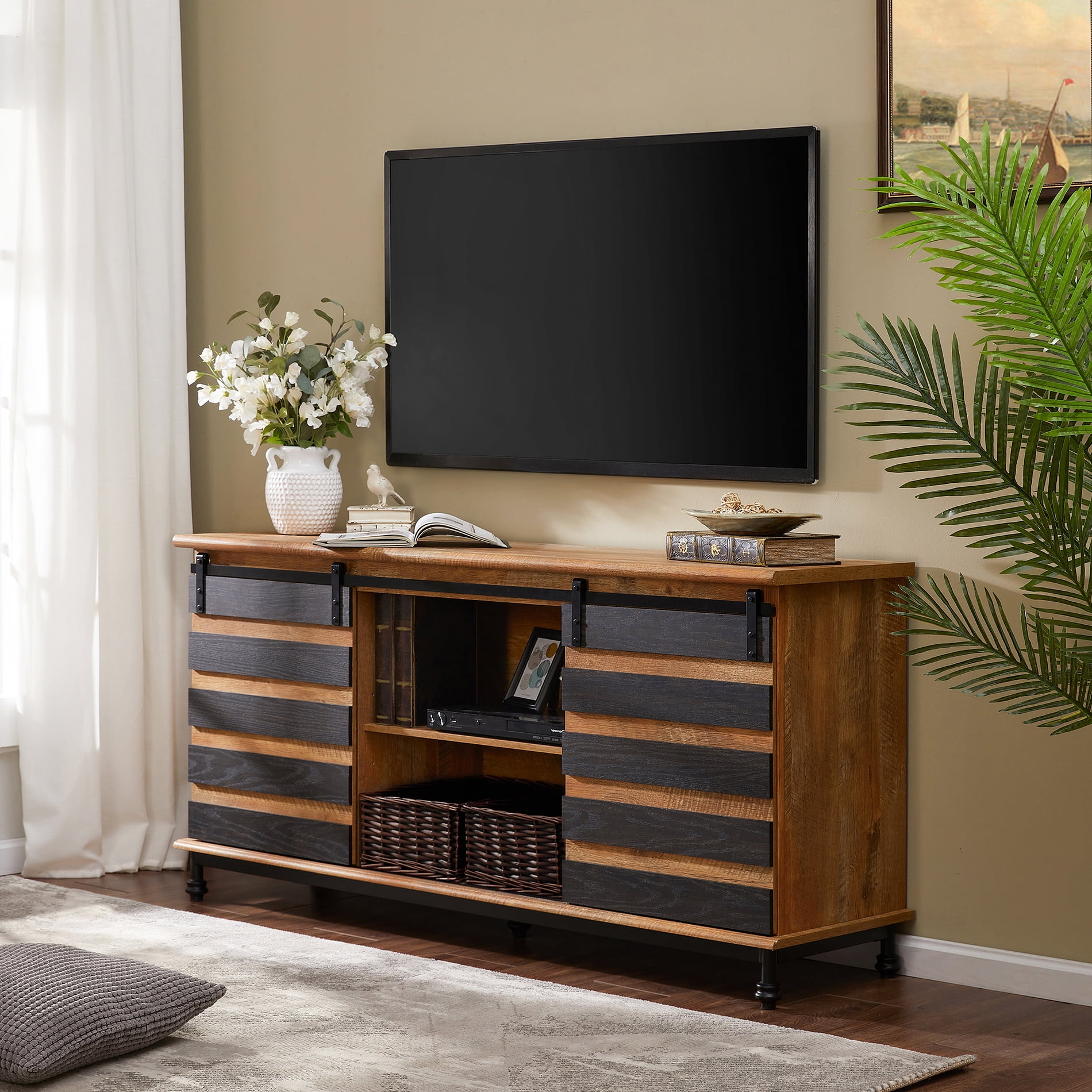 Farmhouse TV Stand for TVs up to 65 Inches, Wood Media Entertainment