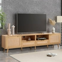 Farmhouse TV Stand for TVs up to 85" with Rattan Doors, Modern Media Console with Solid Wood Legs and Storage Shelves for Living Room, Wood