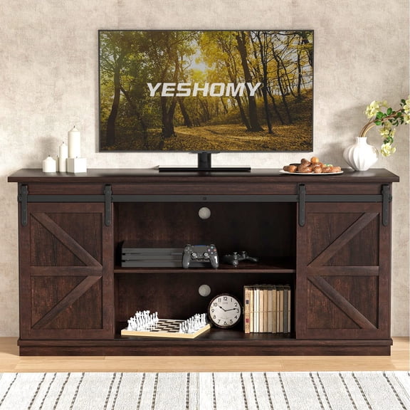 Farmhouse TV Stand for Televisions up to , Sliding Barn Doors and Storage Cabinets, Console Table and Media Furniture for Living Room