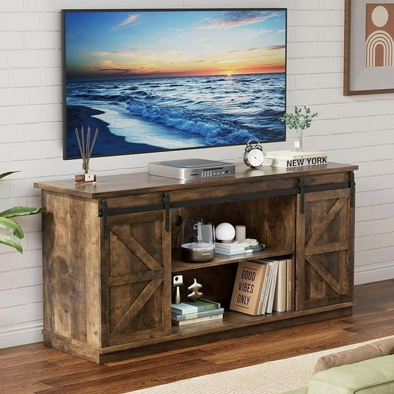 Farmhouse TV Stand for Televisions up to, Sliding Barn Doors and Storage Cabinets, Console Table and Media Furniture for Living Room