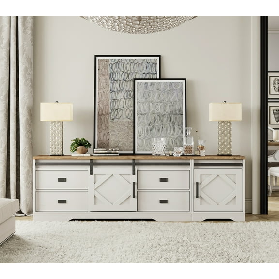 Farmhouse TV Stand for up to 110" TVs with Drawers and Adjustable Shelf for Living Room, Brown