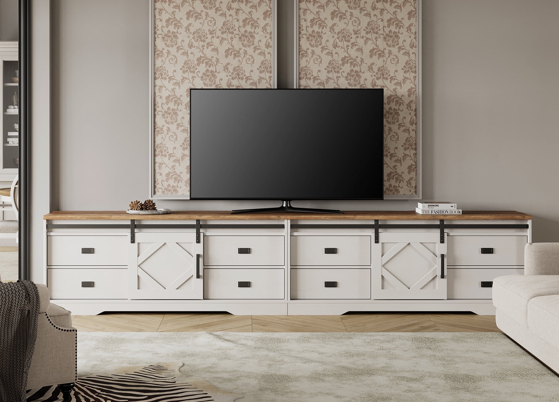Farmhouse TV Stand for up to 110" TVs with Drawers and Adjustable Shelf for Living Room, Cream White