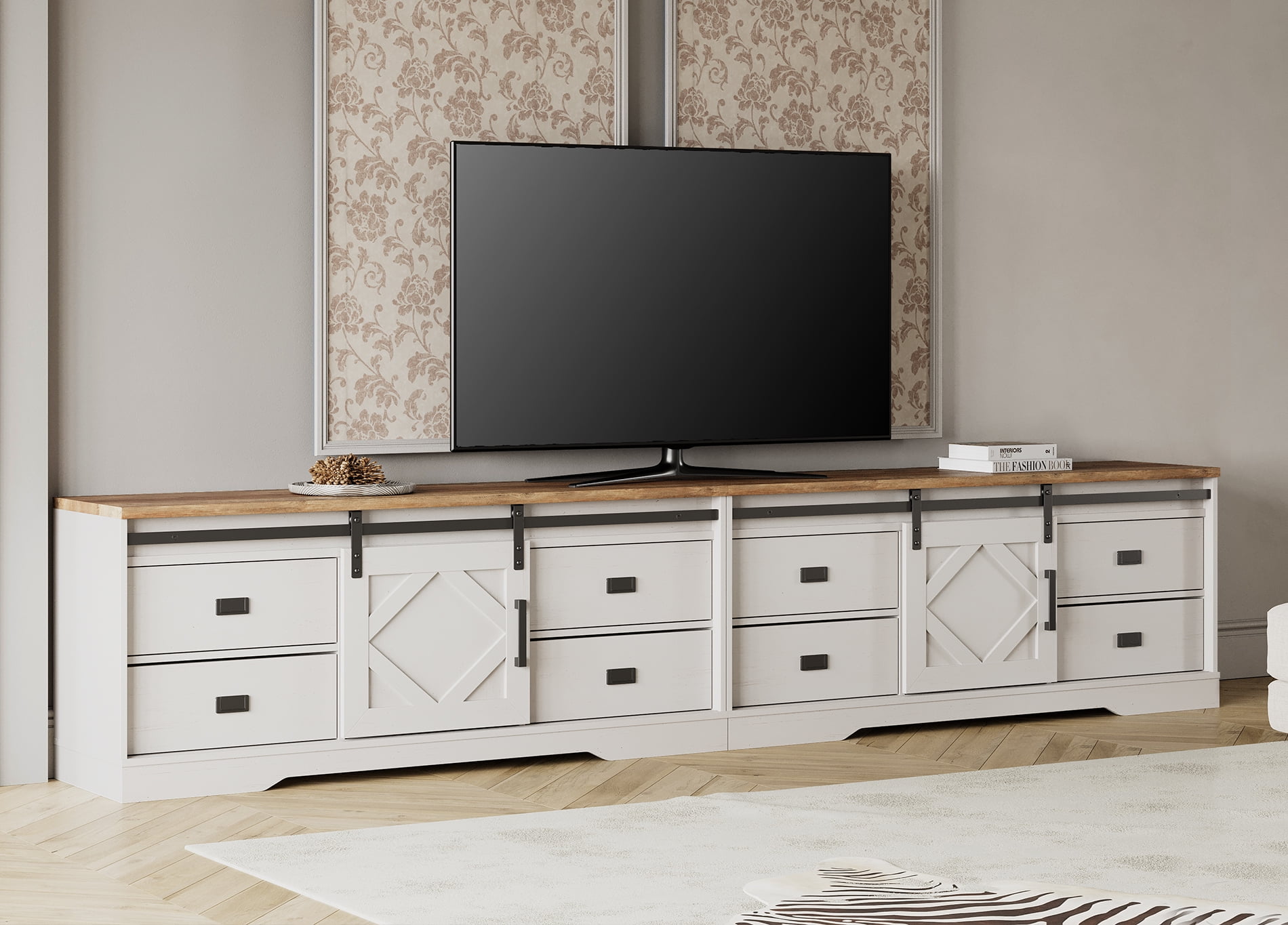 Farmhouse TV Stand for up to 110" TVs with Drawers and Adjustable Shelf for Living Room, Cream White