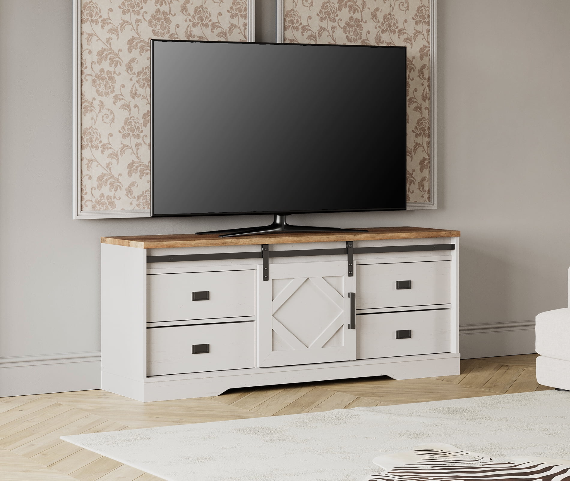 Farmhouse TV Stand for up to 65" TVs with Drawers and Adjustable Shelf for Living Room, Cream White