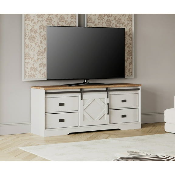 Farmhouse TV Stand for up to 65" TVs with Drawers and Adjustable Shelf for Living Room, Cream White