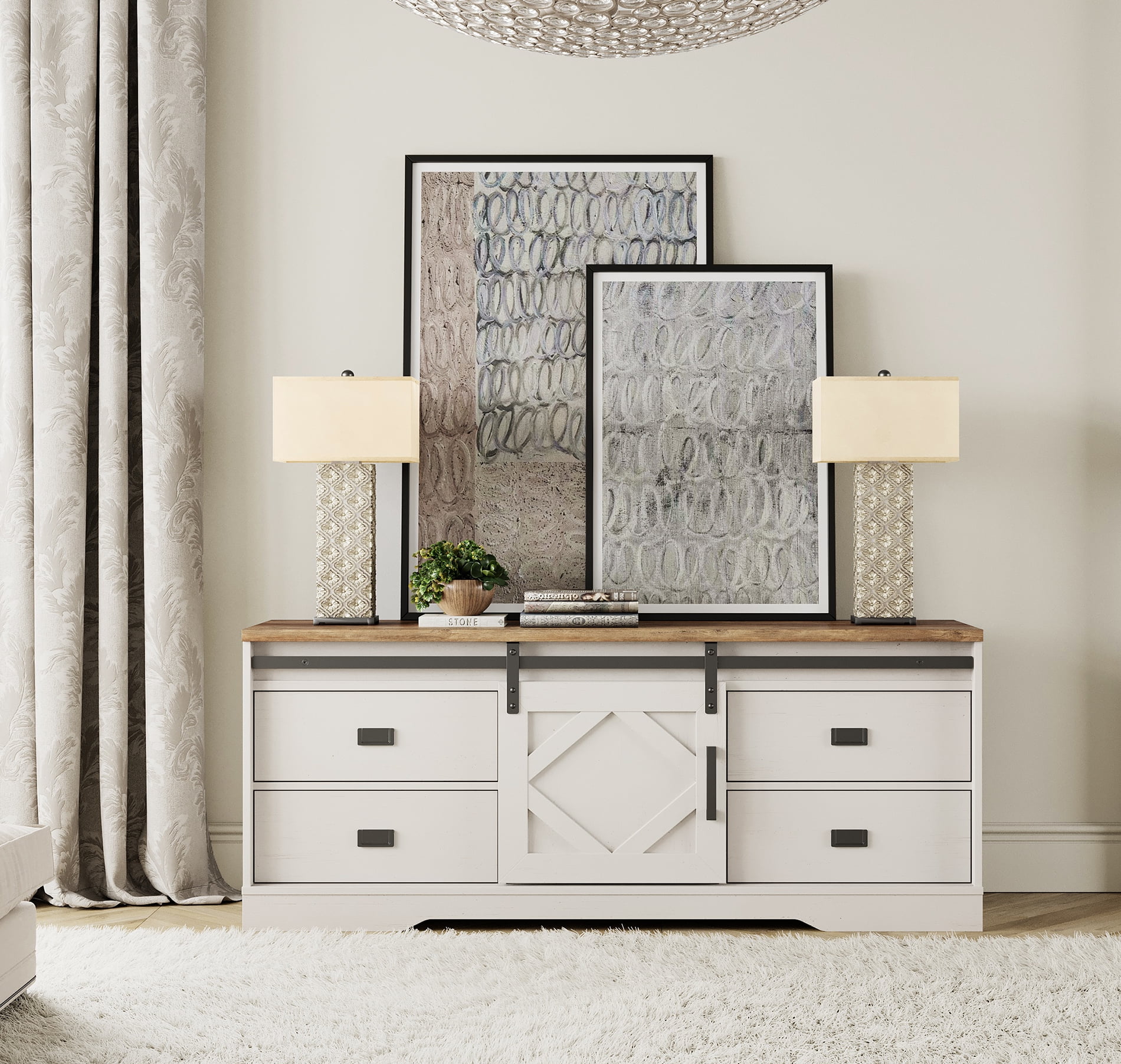 Farmhouse TV Stand for up to 70" TVs with Drawers and Adjustable Shelf for Living Room, Cream White