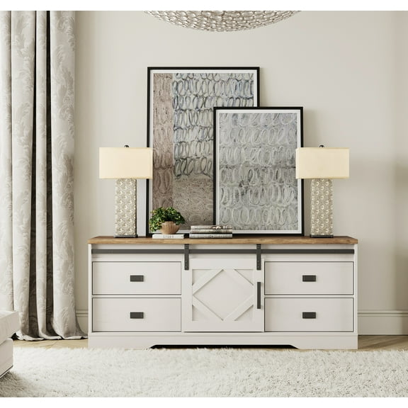 Farmhouse TV Stand for up to 70" TVs with Drawers and Adjustable Shelf for Living Room, Cream White