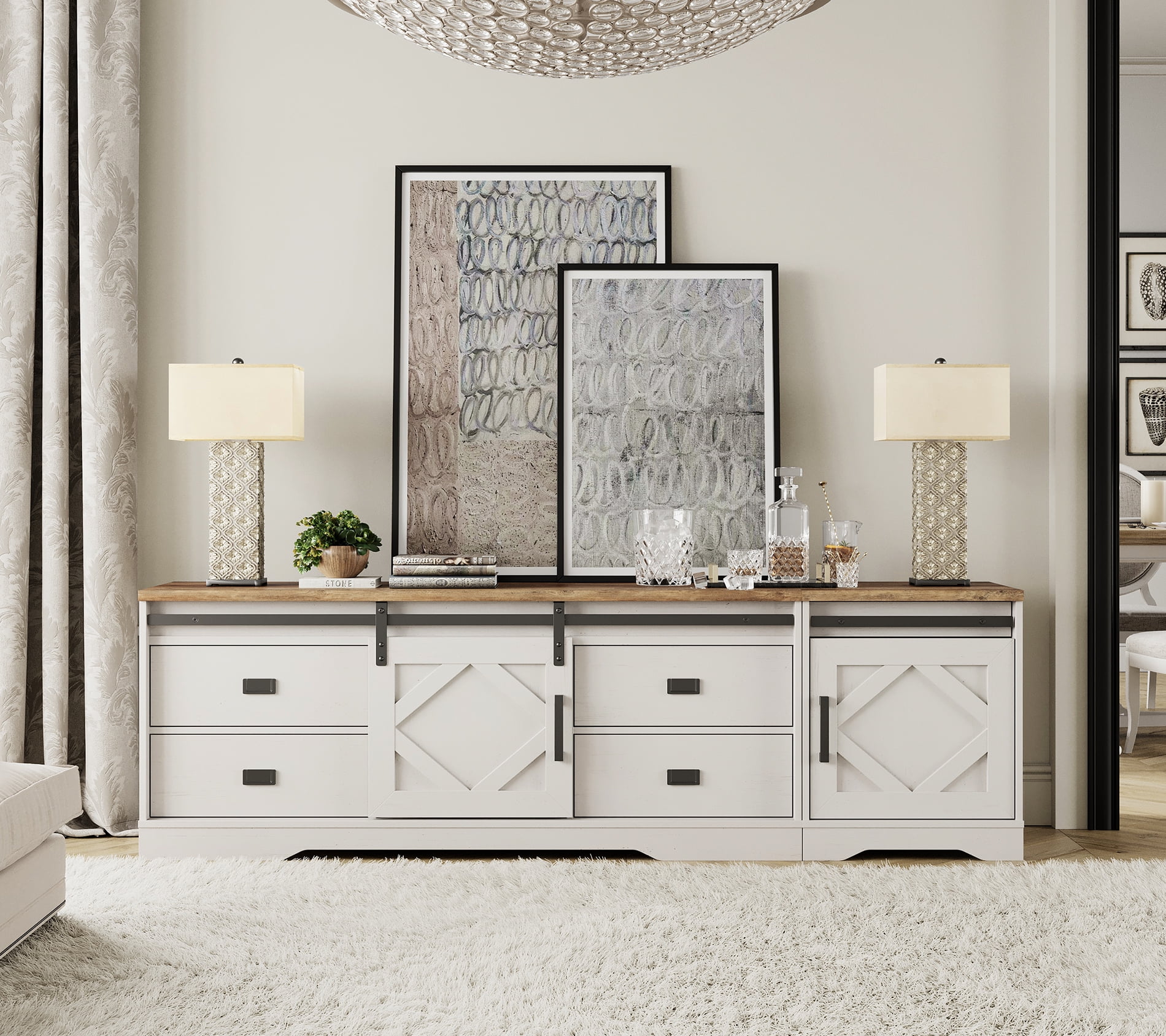 Farmhouse TV Stand for up to 85" TVs with Drawers and Adjustable Shelf for Living Room,Brown