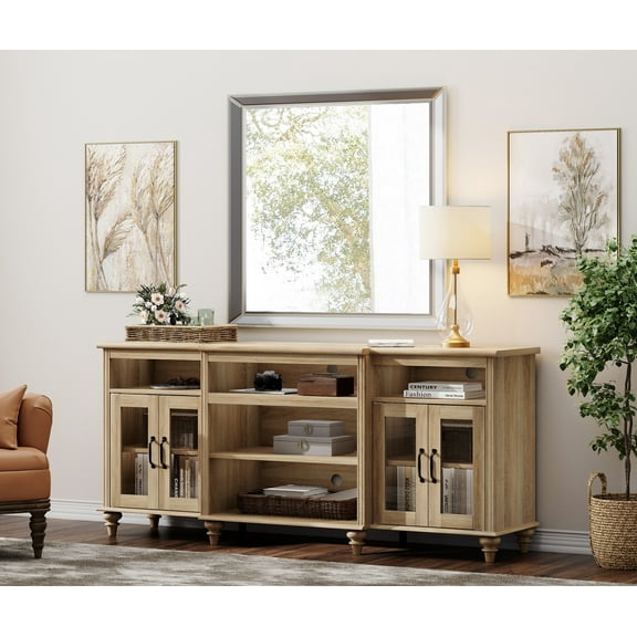 WAMPAT Farmhouse TV Stand with 4-Door Glass, Oak Entertainment Center Table for Living Room