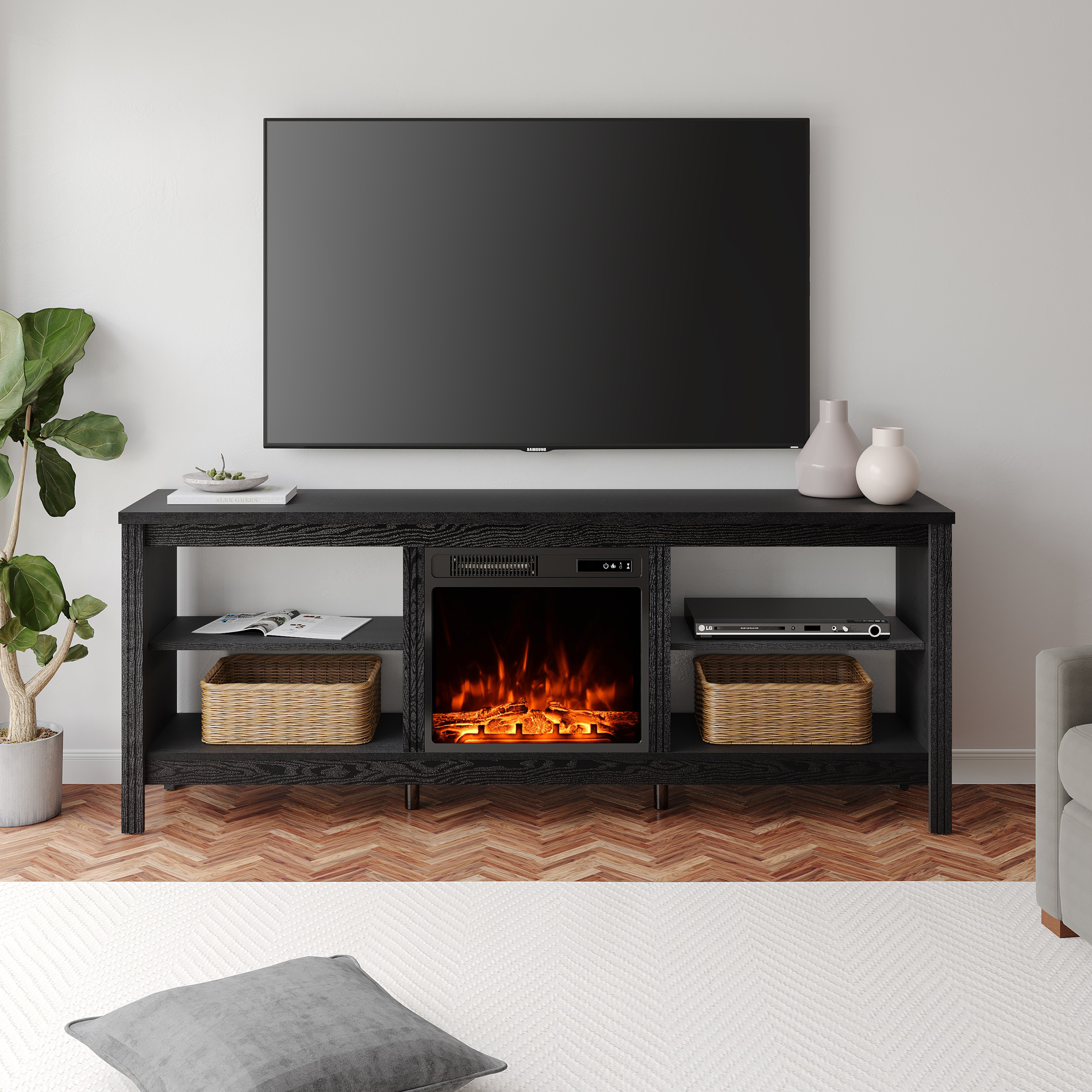 Farmhouse TV Stand with Fireplace, Electric Fireplace TV Stand 70 inch ...