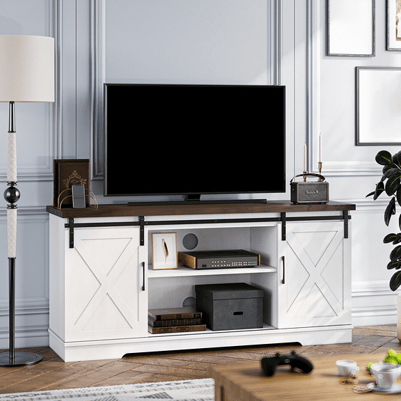 Farmhouse TV Stand with Sliding Barn Doors & Storage Cabinet, Wood Entertainment Center for 65-Inch TV, Media Console for Living Room,White