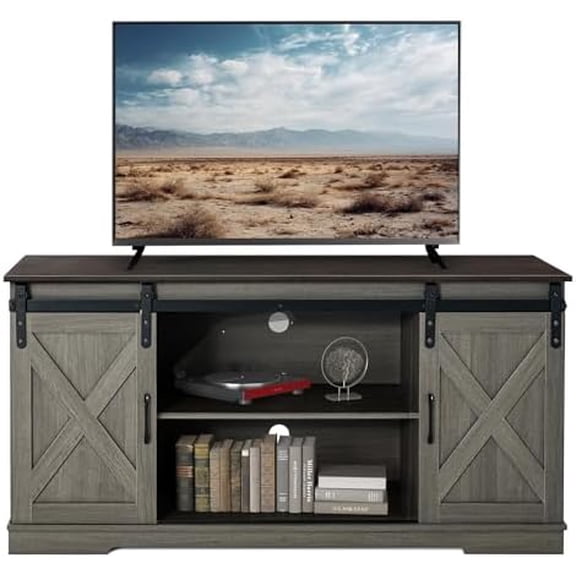 Farmhouse TV Stand with Sliding Barn Doors for 65" TV, Wood Entertainment Center Media Console Storage Coffee Bar Cabinet for Living Room$$Furniture