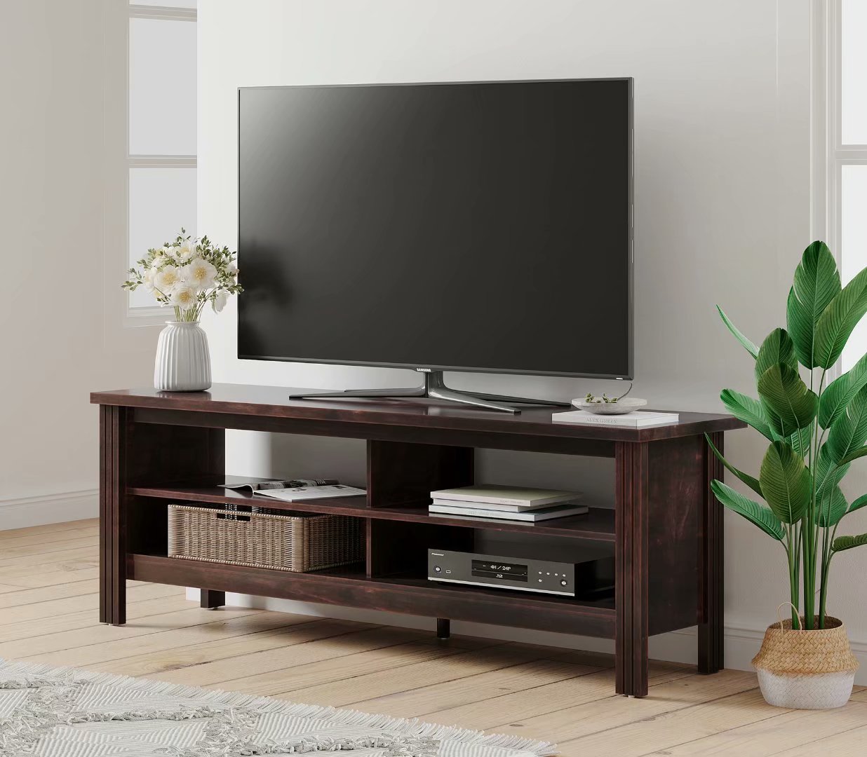 Farmhouse TV Stands for 65 inch Flat Screen,Wood Media Console for bedroom and living room,59 inch,Walnut - image 1 of 5
