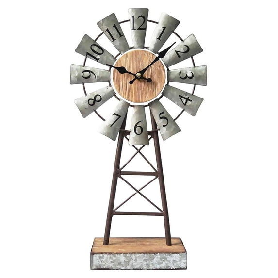 MODE HOME Farmhouse Table Clock on Stand, Galvanized Windmill Design, Silent Battery-Operated Decor