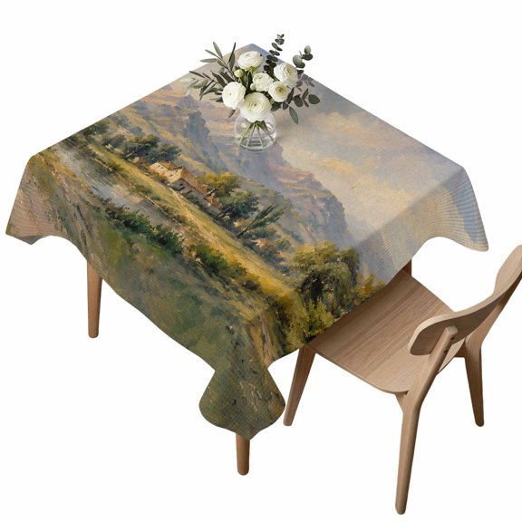 Farmhouse Table Cloth, Waterproof Tablecloth for Square Tables, Vintage Rustic Mountain House River Sky Cloud Washable Fabric Table Cover for Restaurant Kitchen Dining Tables 54"x54"