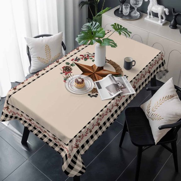 Farmhouse Table Cloth Waterproof Tablecloths, Country Star Berry Plaid Lodge Grey Brown Tablecloth Dining Table Cover for Kitchen Party Tabletop Outdoor, Rectangle Tablecloth 54x108 Inch