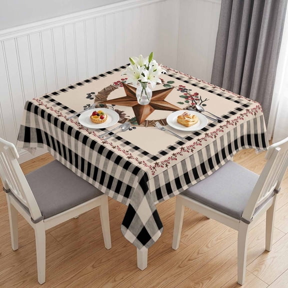 Farmhouse Table Cloth Waterproof Tablecloths, Country Star Berry Plaid Lodge Grey Brown Tablecloth Dining Table Cover for Kitchen Party Tabletop Outdoor, Square Tablecloth 54x54 Inch