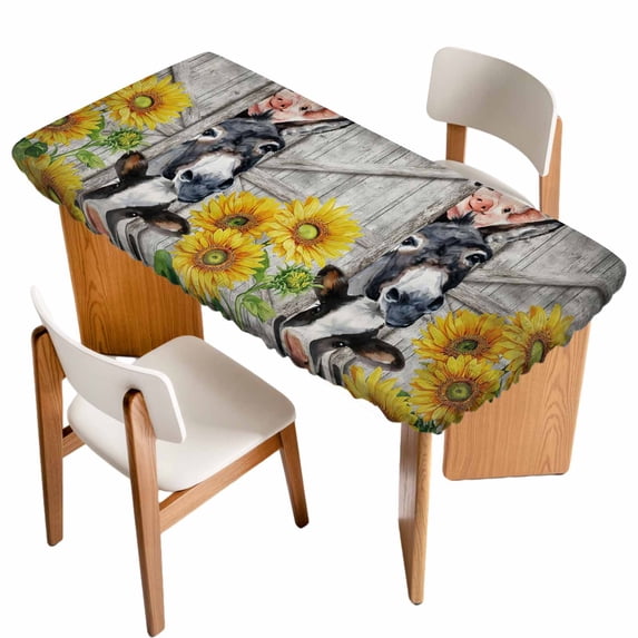 Farmhouse Table Cloths for 6 Foot Rectangle Tables, Vintage Sunflowers Animals Printed Wood Grain Patio Waterproof Elastic Fitted Tablecloths, Washable Rectangular Table Cover for Camping