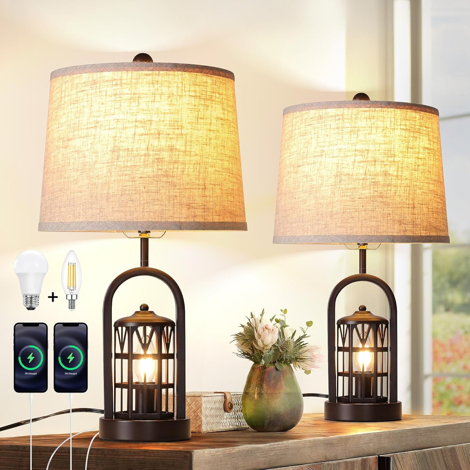 Farmhouse Table Lamp, 23" Rustic Table Lamp Set of 2 with Night Light ...