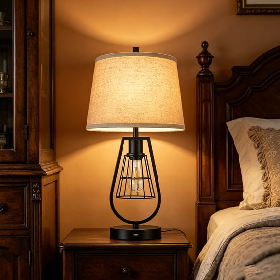 Farmhouse Table Lamp, 3-Way Touch Dimmable Dual-Light Lamp with Vintage Linen Shade for Bedroom Living Room Decor-1pcs