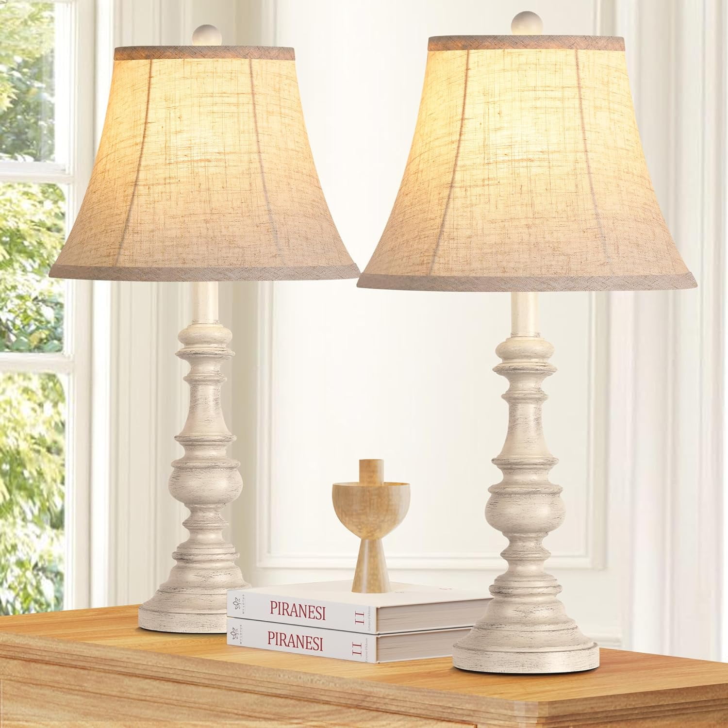 Farmhouse Table Lamp Set of 2 Resin Oatmeal, Rustic Bedside Lamps with ...