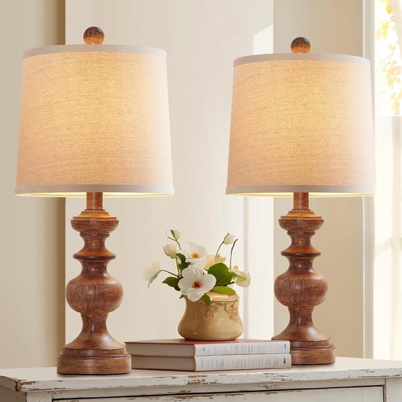 Farmhouse Table Lamp Set of 2, Rustic Table Lamps for Living Room Bedroom, 22" Mid Century Modern Desk Lamp Bedside Nightstand Lamps with Linen Tapered Drum Shades, Wood Grain