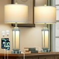 thumbnail image 1 of Farmhouse Table Lamps for Living Room, 27" Vintage Rustic Beside Lamp Set of 2 with USB A+C Charging Ports & AC Outlet, Retro Nightstand Lamp with Fabric Shade for Bedroom Entryway(4 Bulbs Included), 1 of 18