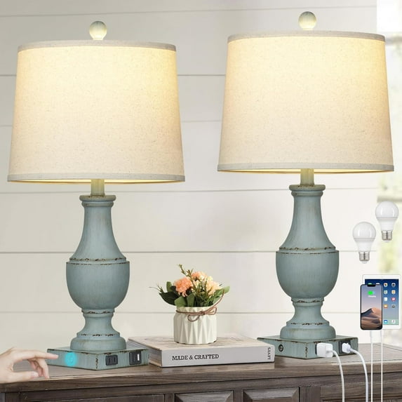 Farmhouse Table Lamps, Rustic 26" Touch Control Bedside Lamps with USB A+C Charging Ports & AC Outlet, Vintage 3-Way Dimmable Traditional Classic Nightstand Lamp for Living Room Bedroom Office Decor