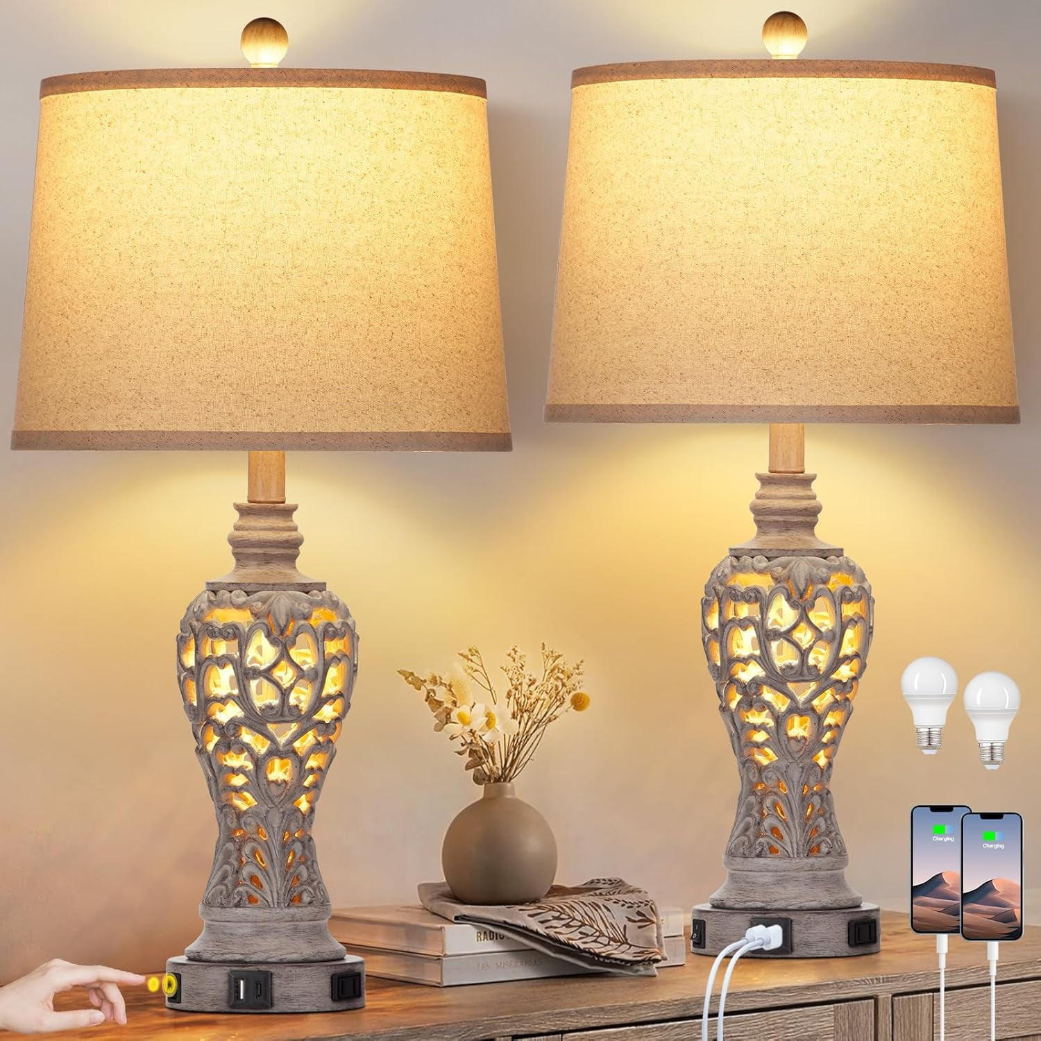 Farmhouse Table Lamps Set of 2 with Nightlight, Rustic Bedside Lamps ...