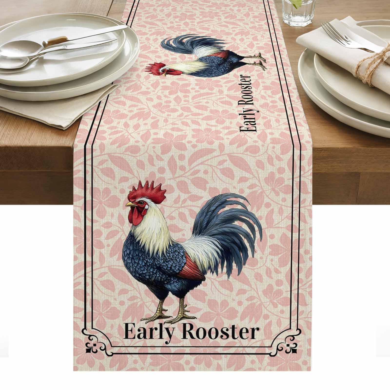 Farmhouse Table Runner 13 x 120 Inch, Early Rooster Animals Pink Floral ...