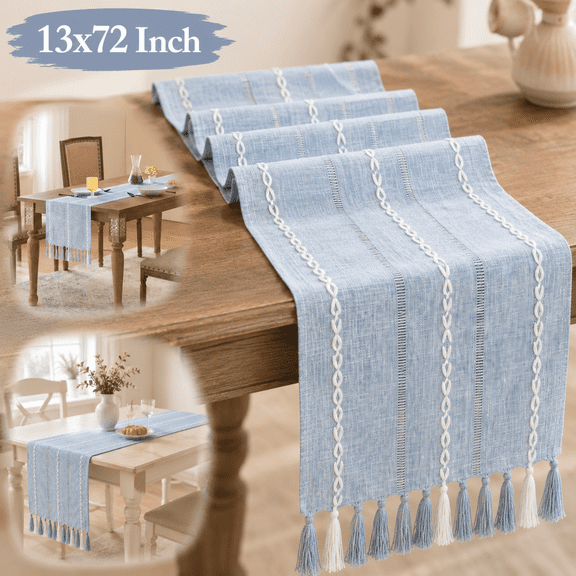USTOP Hemstitched Farmhouse Table Runner, Blue 13x72 Inch, Cotton Linen Table Runners 72 Inches Long, Embroidered Striped Blue Boho Table Runner Rustic Home Decor.