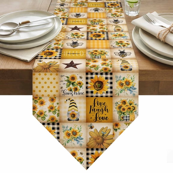 Farmhouse Table Runner 36 Inches Long Sunflower Gnome Bee Star Yellow Buffalo Plaid Patchwork Table Runners for Dining Room Tabletop Dresser Scarf Home Party Banquet Wedding Holiday Decoration