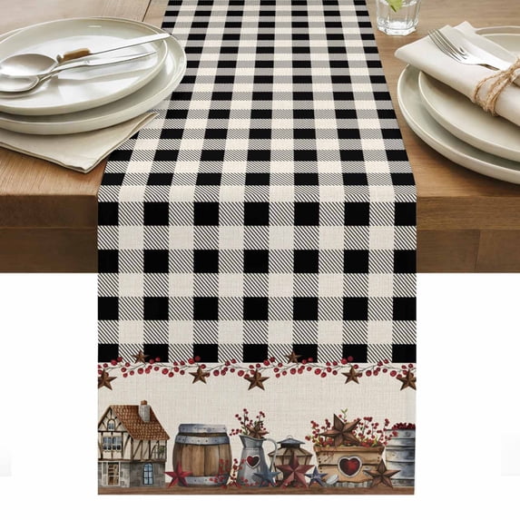 Farmhouse Table Runner - 72 Inch Long, Kitchen Dining Table Runner Dresser Scarves, American Country Star Barn Black Plaid Berry Farmhouse Decor for Coffee Tables Wedding Party Banquet