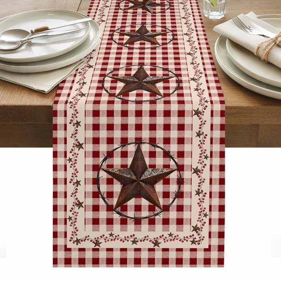 Farmhouse Table Runner - 72 Inch Long, Kitchen Dining Table Runner Dresser Scarves, Vintage Star Retro Rustic Checked Grid Lodge Farmhouse Decor for Coffee Tables Wedding Party Banquet