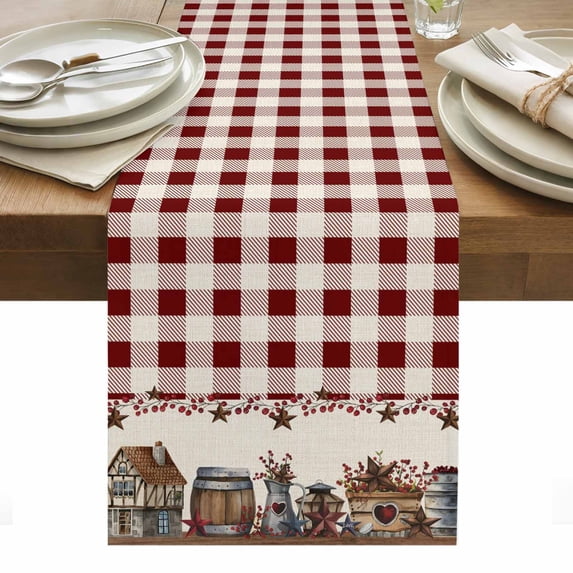 Farmhouse Table Runner - 90 Inch Long, Kitchen Dining Table Runner Dresser Scarves, American Country Star Barn Red Brown Plaid Berry Farmhouse Decor for Coffee Tables Wedding Party Banquet