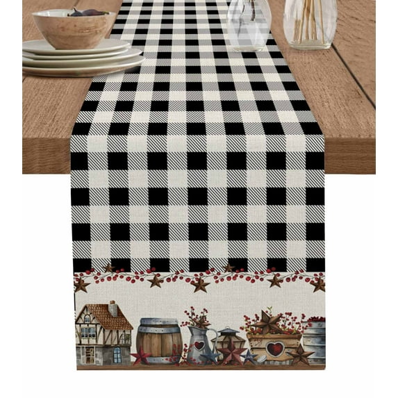 Farmhouse Table Runner American Country Star Barn Black Plaid Berry Tablerunners 13 x 72 Inch, Table Decorations Tabletop Scarf for Summer Gathering Holiday Farmhouse Kitchen Dining Decor
