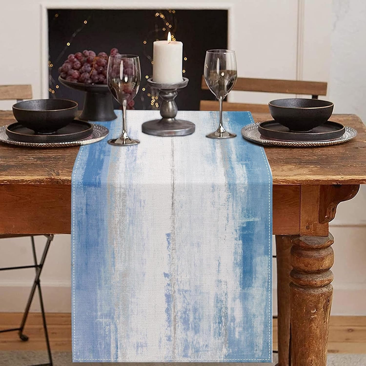 Decorative Table Runner 13x72 Inches – Yellow Grey Abstract Art Cotton Linen For Dining & Kitchen
