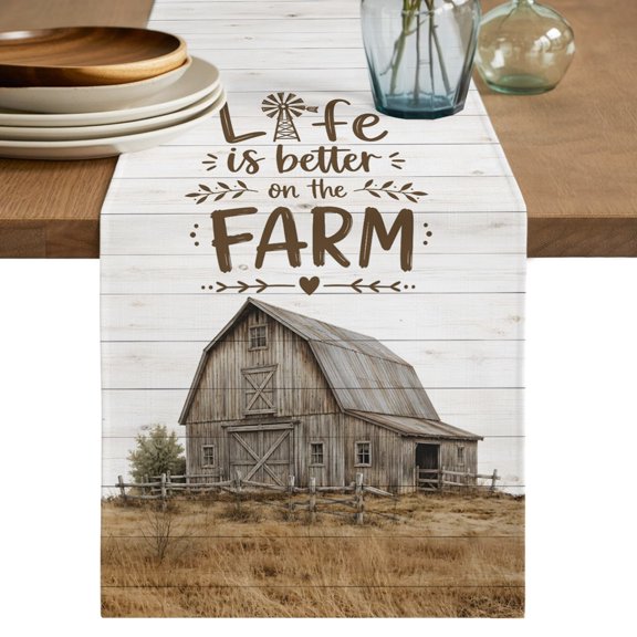 Farmhouse Table Runner, Charcoal Gray Wooden Barn Dry Hay Field Beige Stripes Cotton Linen Table Cloth, Tablerunner for Kitchen Dining Party Wedding Home Decor 13x36 Inch