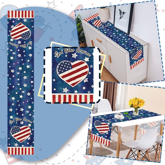Farmhouse Table Runner Dresser Scarf For Kitchen Dining Decor, Independence Day Themed Design Featuring Truck And Gnomes, Ideal For Fourth Of July Celebrations To Add Festive
