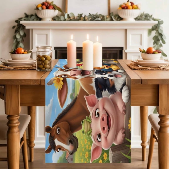 Farmhouse Table Runner, Funny Cow Horse Pig Face Cute Dog Duck Chicken Donkey Washable Cotton-linen Table Runners Dining Kitchen Decoration for Everyday Home Wedding Party Decor, 13 x 120 Inch