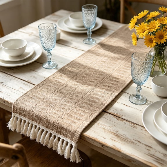 Farmhouse Table Runner,Jute Table Runner,Linen Tassel Table Runner,Long Farmhouse Rustic Table Runner Cream & Brown Macrame Boho Table Runner with Tassels(Beige 6FT)