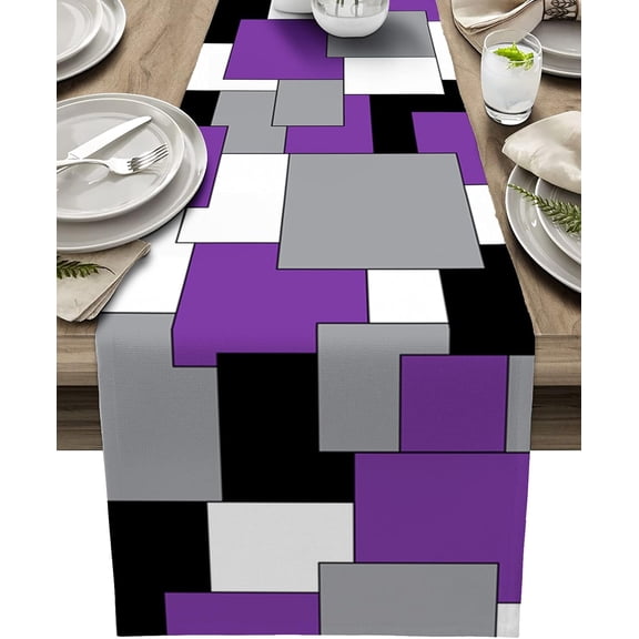 Farmhouse Table Runner Linen Burlap Table Runners 108 Inches Long, Modern Purple and White Color Blocks Abstract Art Table Runner for Dresser, Party, Living Room, Dining Table Decor 13"x108"