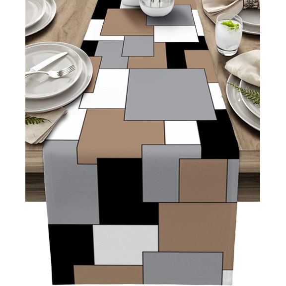 Farmhouse Table Runner Linen Burlap Table Runners 36 Inches Long, Modern Abstract Art Color Block Gray and Brown Table Runner for Dresser, Party, Living Room, Dining Table Decor 13"x36"