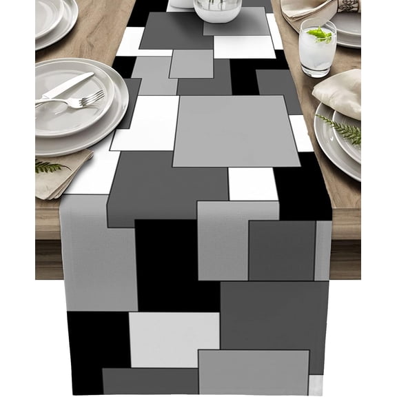 Farmhouse Table Runner Linen Burlap Table Runners 72 Inches Long, Modern Abstract Art Color Block Black and Gray Table Runner for Dresser, Party, Living Room, Dining Table Decor 13"x72"