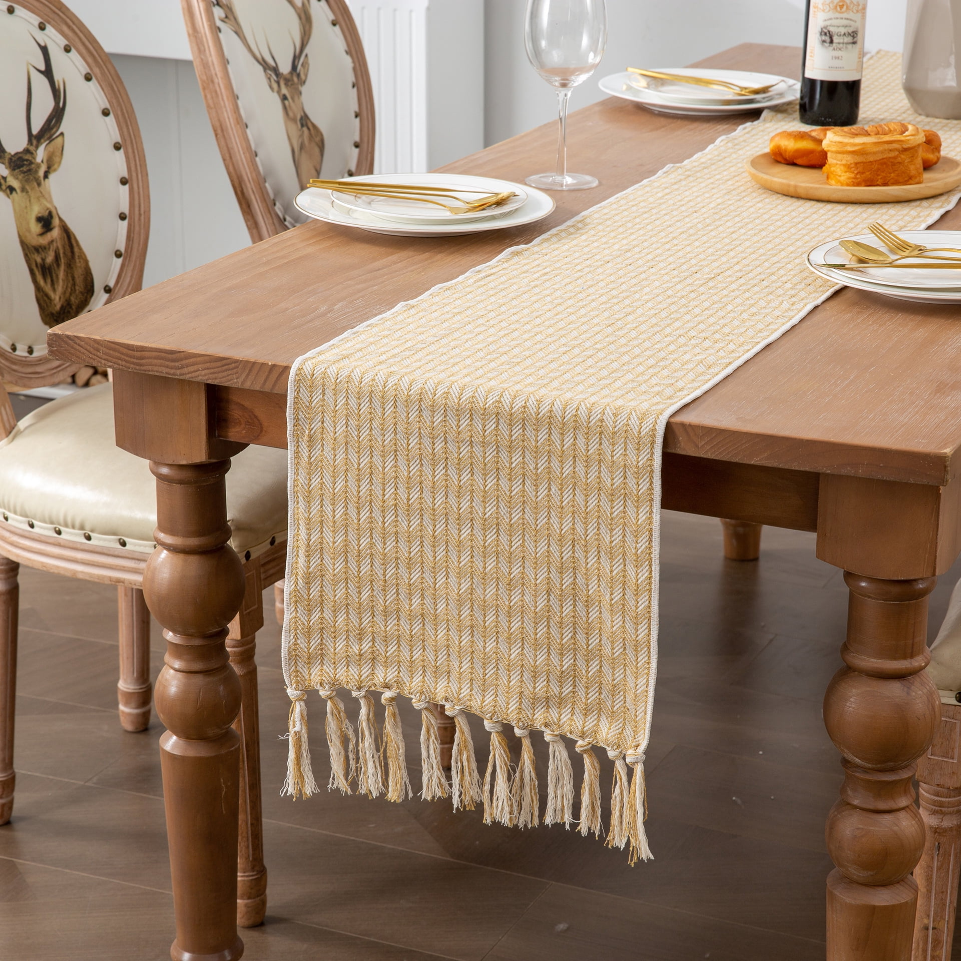 Farmhouse Table Runner Long Woven Table Runners with Handmade Tassels Rustic Boho Dresser Scarf for Dining Table Decor