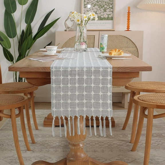 Farmhouse Table Runner Macrame Plaid Coffee Table Runner Cotton Rustic Fall Thanksgiving Table Runner with Tassels for Boho Home Decor Dining Living Room 13x72 inches