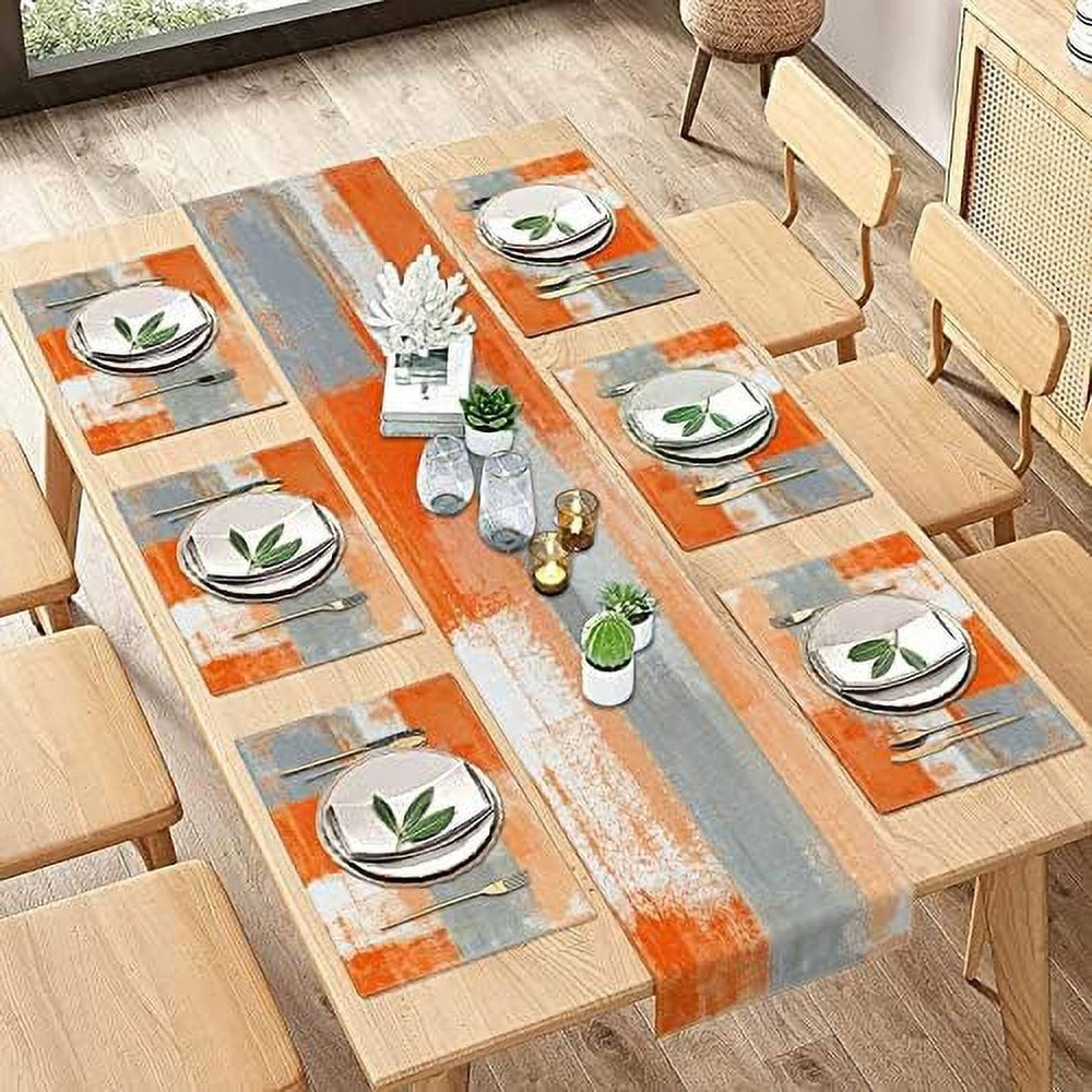 Farmhouse Table Runner and Placemats Set of 6 Abstract Orange Grey
