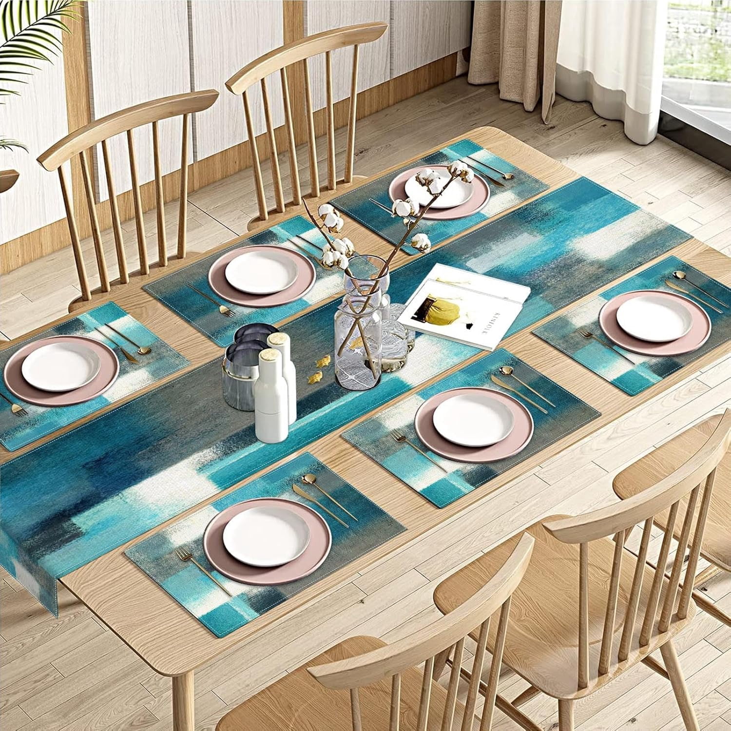 Farmhouse Table Runner and Placemats Set of 6, Cotton-Linen Abstract Teal and Grey Painting Art Dining Table Decor for Daily Use(1 Table Runner 72 inches Long and 6 Placemats)